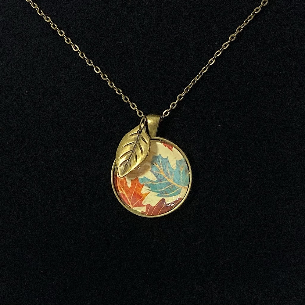 Gold Autumn Leaves Resin Picture Pendant Necklace